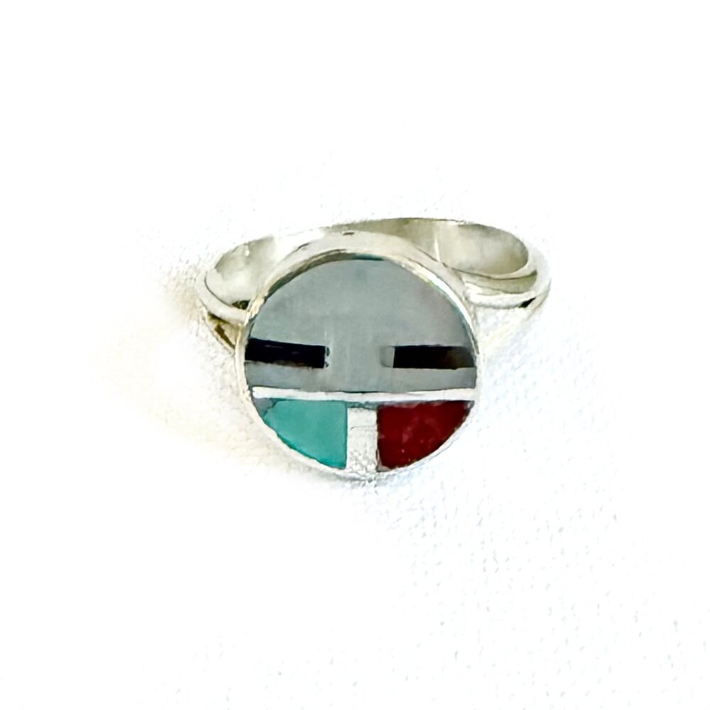 Turquoise, Mother of Pearl, Onyx and Coral Zuni Sun Silver Ring Size 4 1/2"